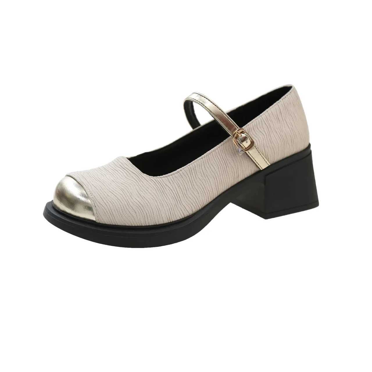 2024 New High Heels Mary Simple Shoes Fashion Metal Round Toe Womens Shoes Retro Thick High Heels Ballet Shoes Shallow Pump Y241017