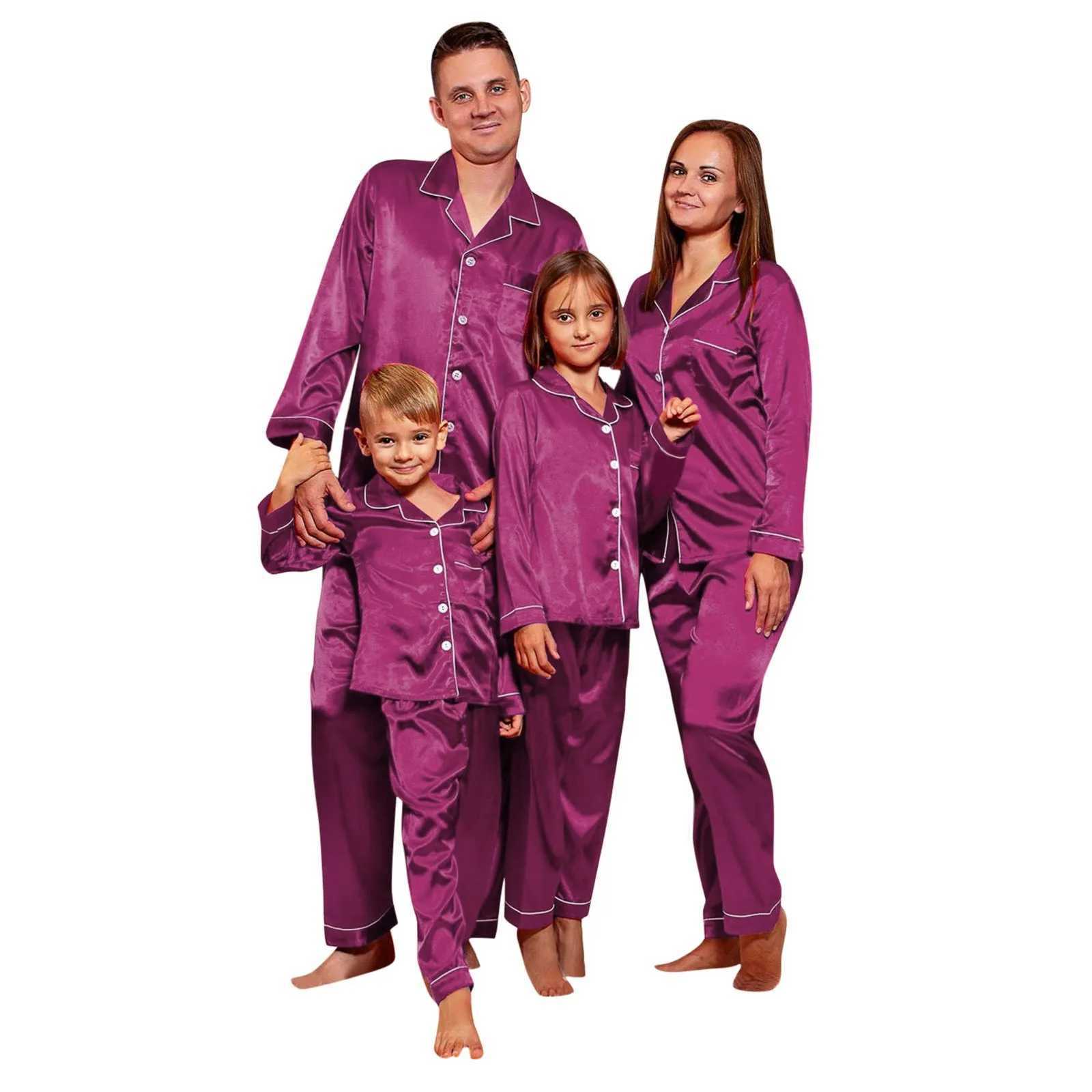 Christmas satin solid color pajamas set suitable for families appearance matching clothing buttons casual shirts and pants parents and childrens set W