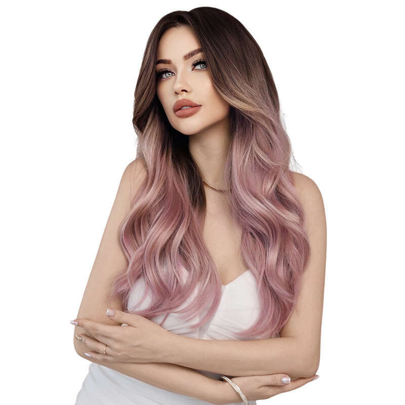Female Pink Gradient Purple Long Curly Hair, Mid Split Korean Style Big Wave Wig Pink Wigs