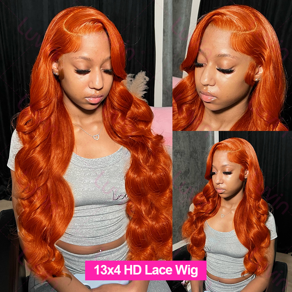 Luvin 250% 30 32 Inches Body Wave Ginger Orange 13X6 Transparent Front Human Wigs 13X4 Lace Frontal Remy Hair Wig