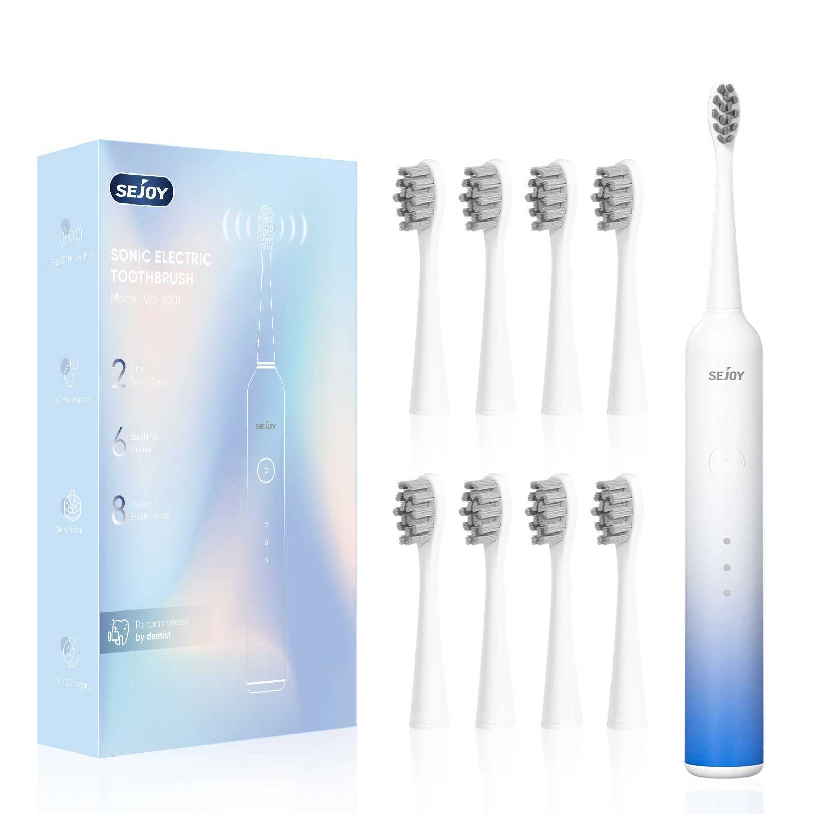 Sejoy Smart Electric Sonic Toothbrush 6-Mode Toothbrush USB Charging Battery with Long Life Comes with 8 Replacement Heads M241017