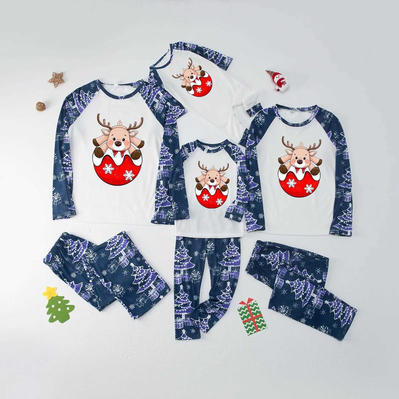 Christmas pajamas family matching set cartoon print blue patch work 2-piece pajamas set baby jumpsuit casual loose sleepwear W241015
