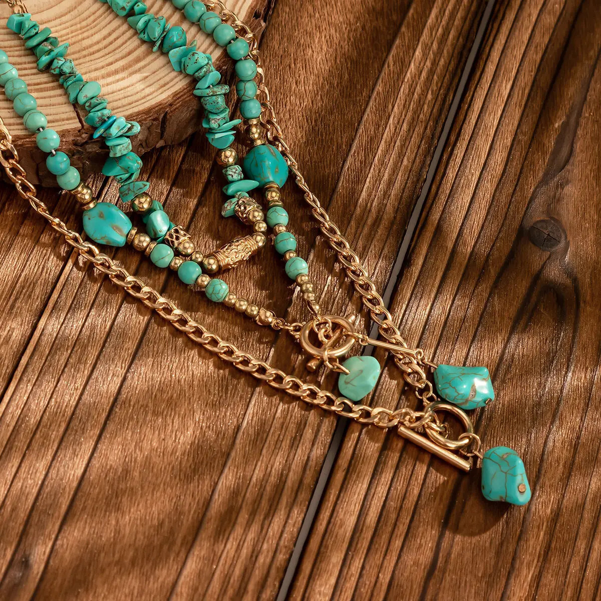 KunJoe 3Pcs Retro Blue Natural Stone Bead Necklace Bohemian Womens Geometric Pendant Necklace Fashion Necklace Jewelry 241017