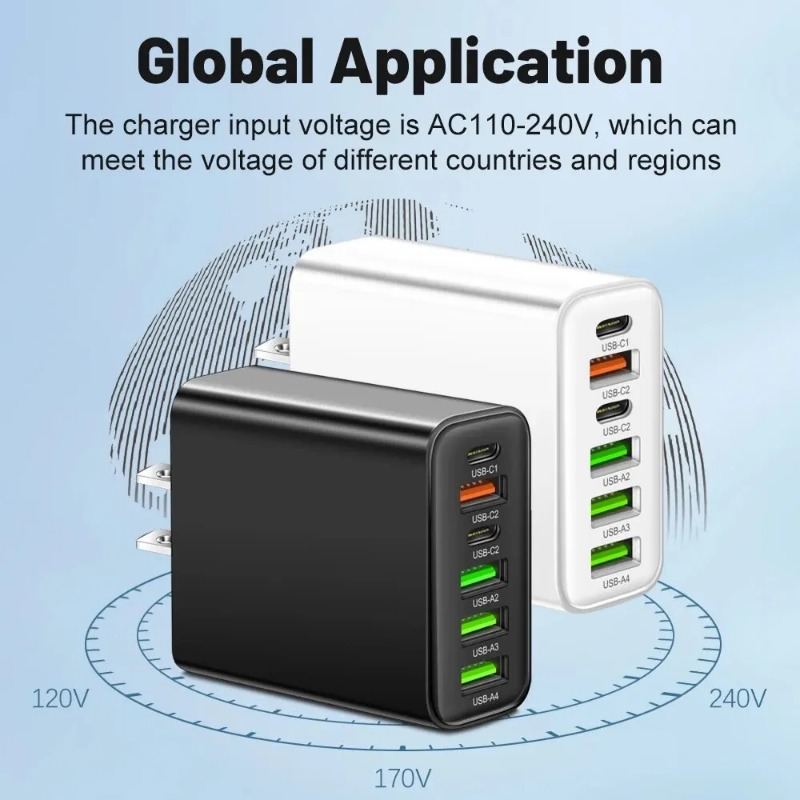 Total 65W 6 in 1 USB Type C Quick Charging Fast Wall Charger EU/US/UK Plug Dual Port USB-C + 4 USB Port Mobile Phone Power Adapter For iPhone Samsung 