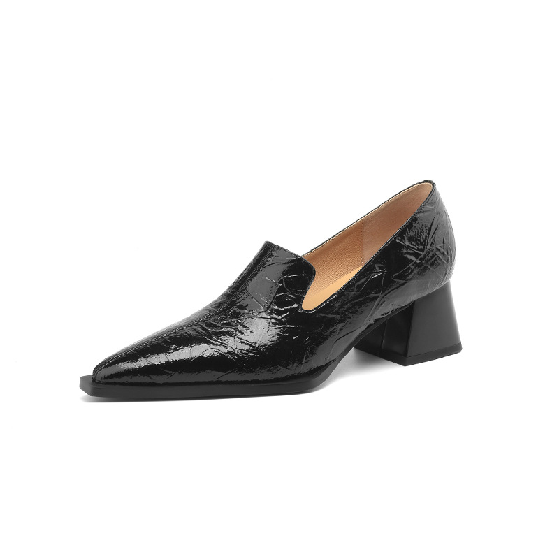 Women Fashion High Simple Design Leather Shoes Casual Versatile Chunky Heel Gentle Style Commute Triple Black Sier Free shipping
