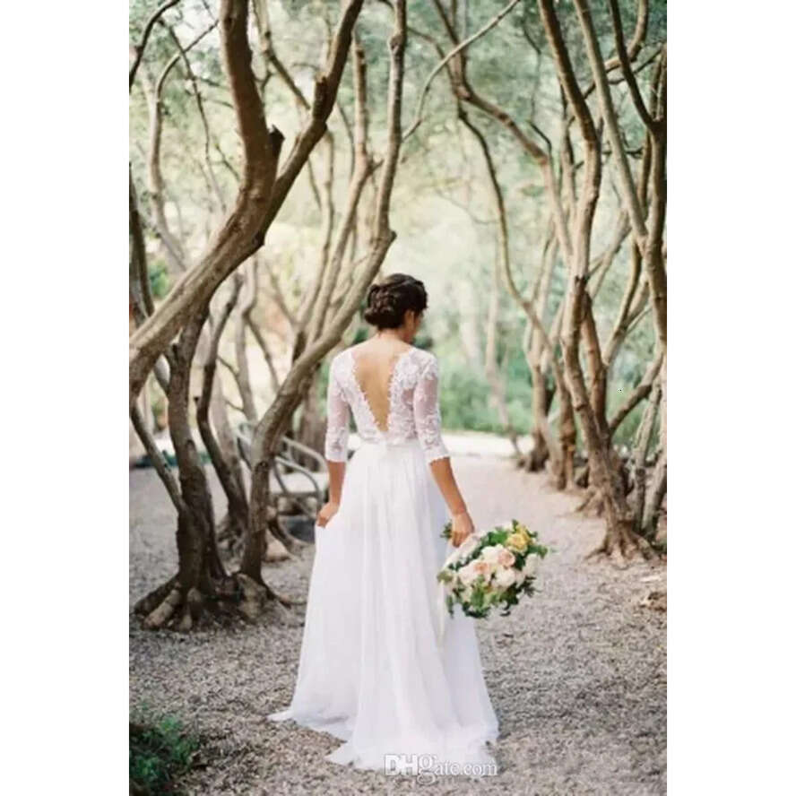With Dresses Boho Wedding Sleeves A-E V-Neck White Chiffon Appliques Lace Illusion Bodice Bridal Gowns Casual Abito Da Sposa