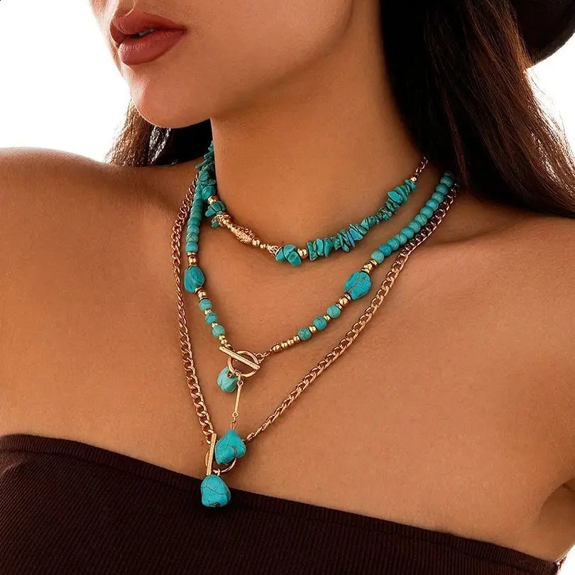 KunJoe 3Pcs Retro Blue Natural Stone Bead Necklace Bohemian Womens Geometric Pendant Necklace Fashion Necklace Jewelry 241017
