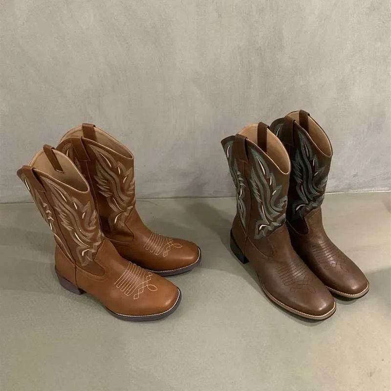 Retro Style Embroidery Women Designer Boot Western Cowgirl Boots Fashion Zippers Mid Calf Booties Square Heels Autumn Winter Shoes H240709