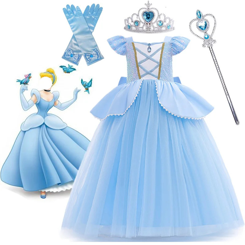 Cosplay Costume Kids Clothes for Girls Sequins Princess Dress with Crown Gloves Birthday Party Ball Gown 3-10 Years 240926