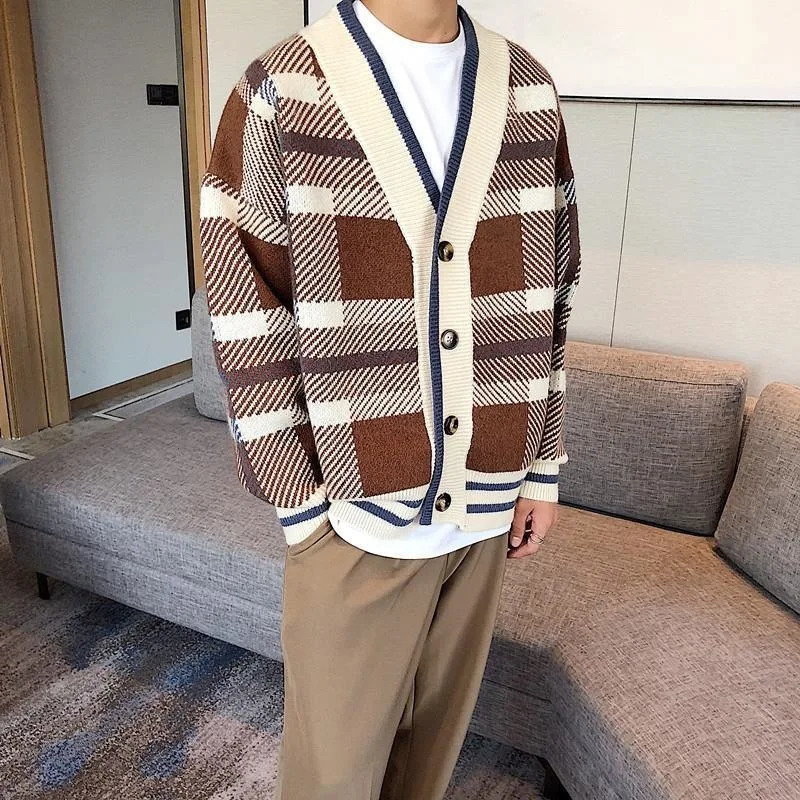 Autumn Mens Knitted Plaid Printed Buttons Cardigan Sweater Long Sleeve Streetwear Leisure Coat Fashion Check Knitwear 241017