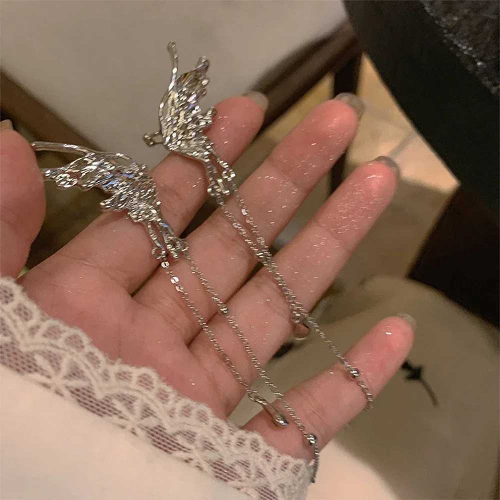 Kpop silver earrings fairy angel wings butterfly long tassel clip earrings suitable for female teenagers cool ear cuffs party jewelry W241017