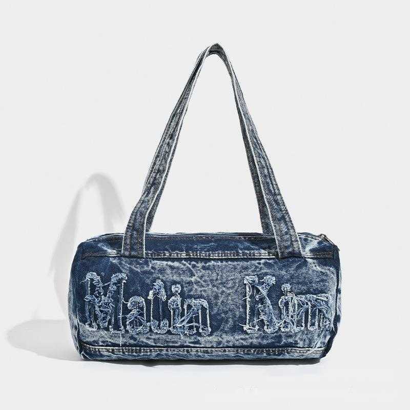 CMM denim bag, denim bag, embroidered shoulder bag, travel fitness bag, hand-held pillow bag 241015