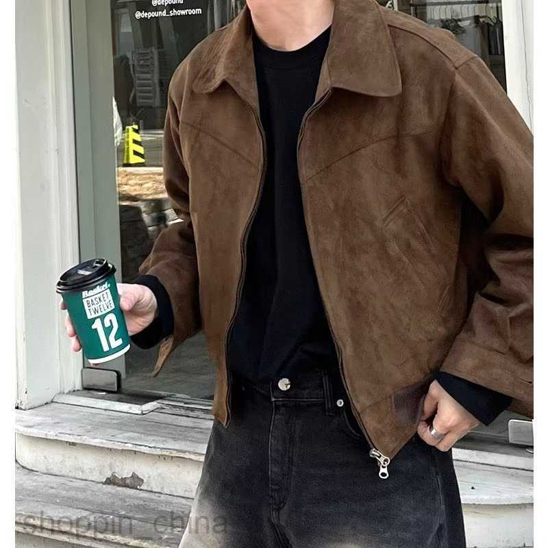 Men's Jackets Coats Maillard Wear Brown Coffee Suede Coat Men's Spring and Autumn Vintage Short Flight Jacket