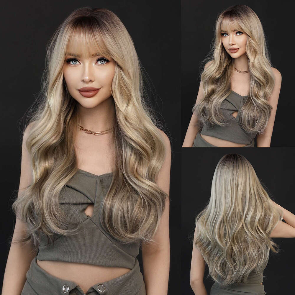 Ladies' Bangs, Long Curly Hair, Gradient En, Gold Wavy Wig, Synthetic Rose Mesh Full Head Cover