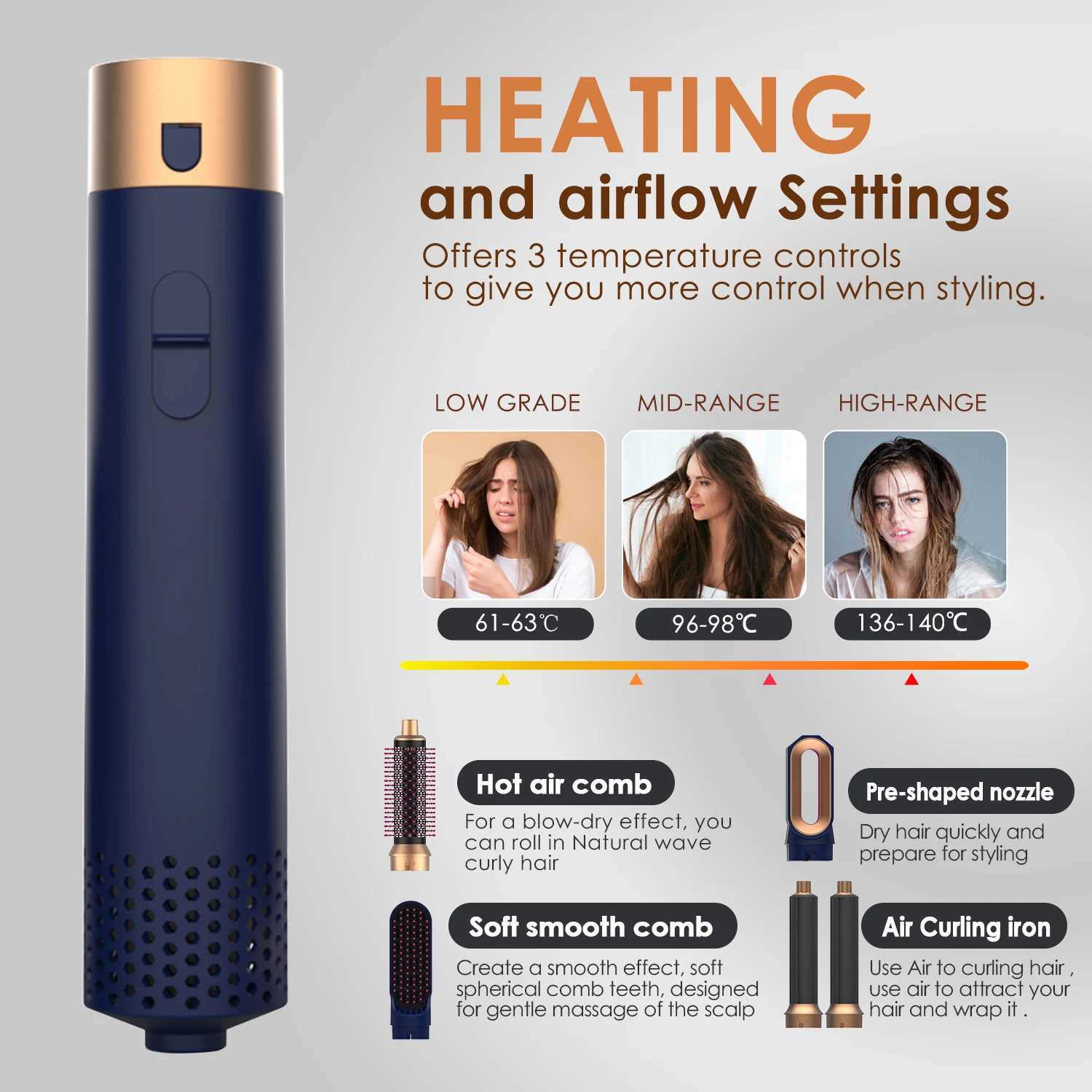 5-in-1 hair removal brush multifunctional hot air brush packaging with negative ion hair removal style equipped with a curling straightener nozzleCL24