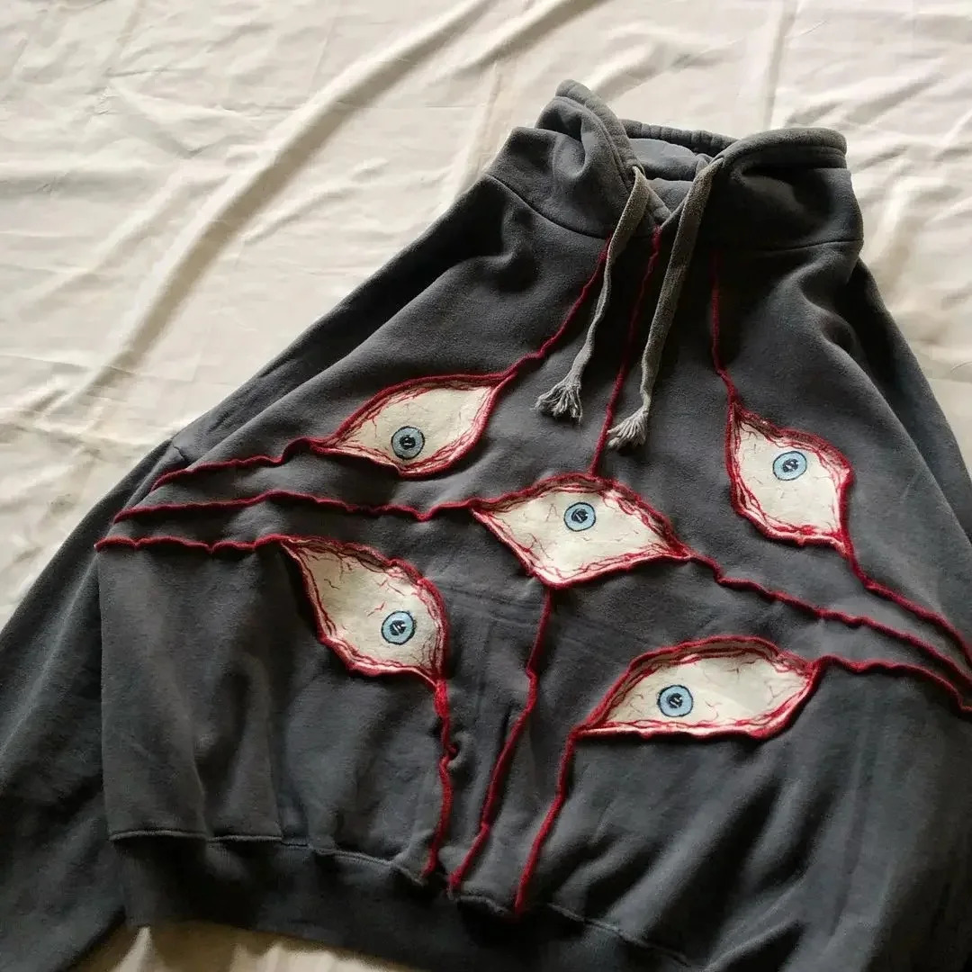 Y2K Hoodie Hip Hop Gothic Eye Patchwork Loose Pullover Womens American Retro Street Y2k Sweater Punk Street Casual Clothing 241017
