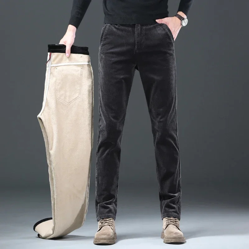 Winter mens Corduroy wool casual pants thick classic fashion straight plush velvet Trouser mens clothing 241017