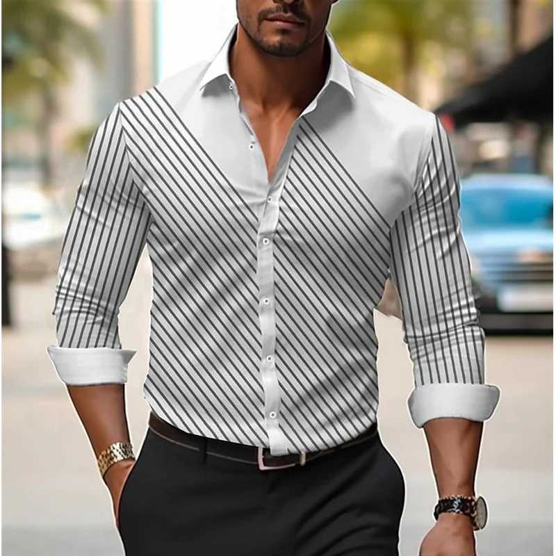 Mens 3D Line Plaid Shirt High Quality Lapel Long Sleeve Shirt Mens Social Shirt Luxury Clothing Slim Prom Oversized Shirt LX241017