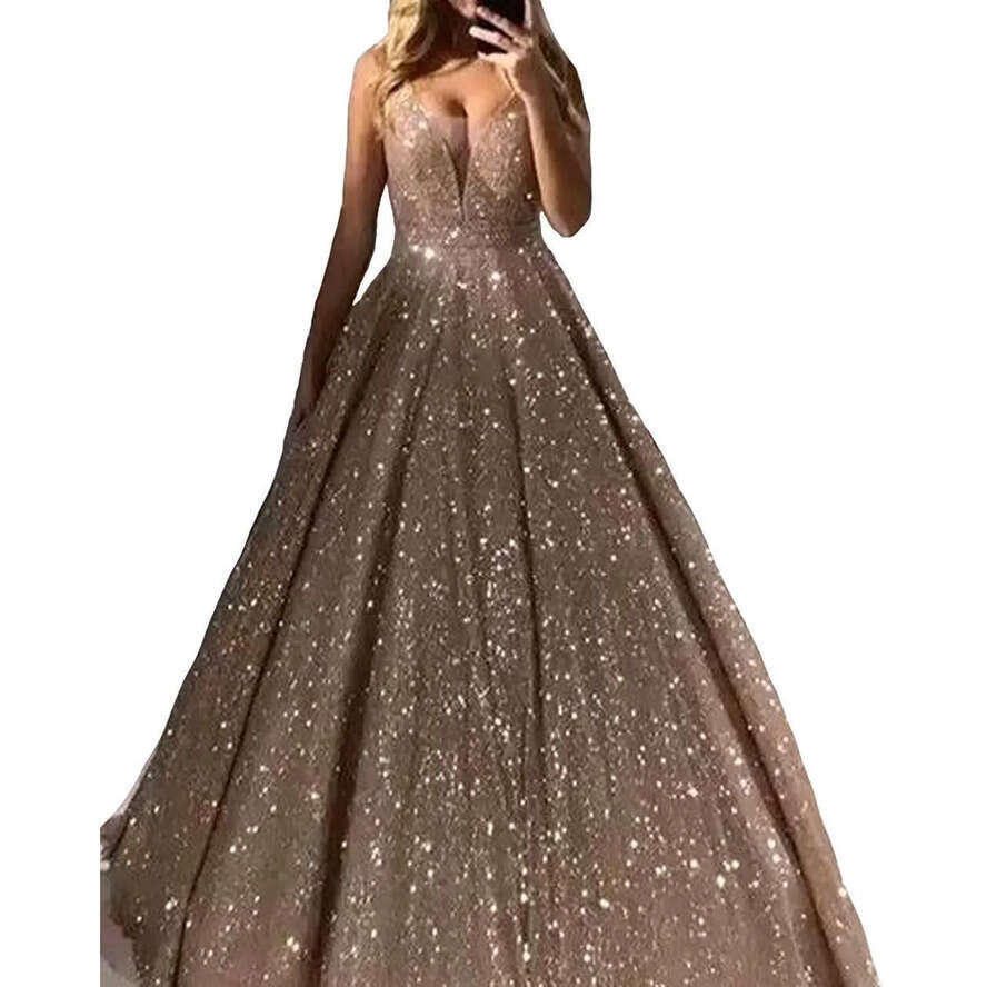 Gold Gorgeous Sequined Rose Prom Dresses 2019 V Neck Sparkg Sequin A-E Backless Evening Party Gowns Robe De Soiree Bm0246