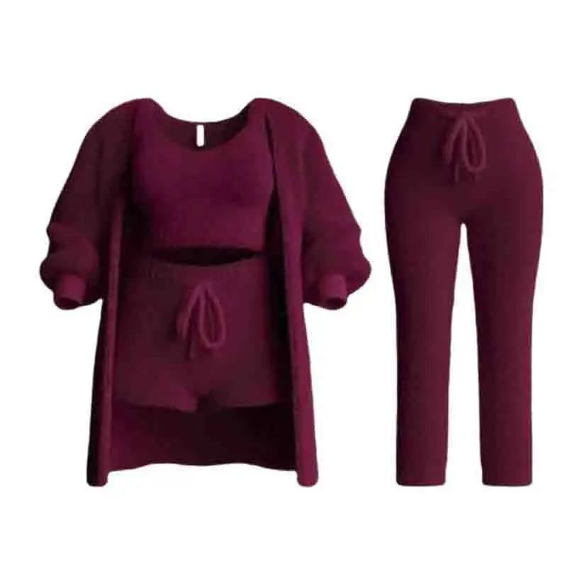 Womens Fuzzy 3-Piece 3 Pe Set O-Collar Cut Tank Top Long Sleeve Wool Warm Hooded Cardigan Shorts Set Casual Wear 241017