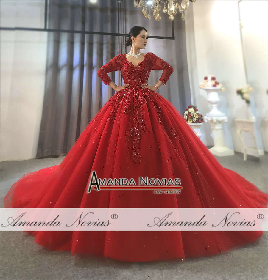 wedding with long lace sleeves bridal dress red color evenings