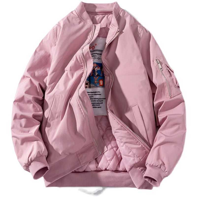 Winter bomber jacket mens air force pilot jacket solid fashion casual baseball jacket mens couple autumn black and white pink M241017