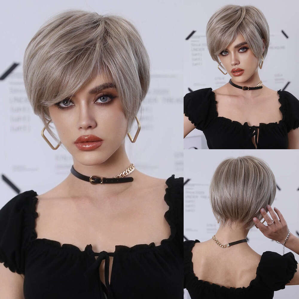 Female Straight With Slanted Bangs, Champagne Gold Elf Short Hair Wig, Synthetic Full Head Cover, Short Wigs