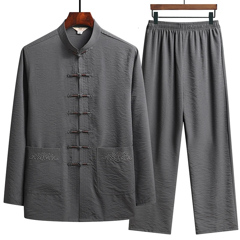 Chinese Traditional Clothing Set Man Fall Linen Buckle Kung Fu Shirt Oriental Retro Top Pants Tai Chi Breathable Uniforms Hanfu 241017