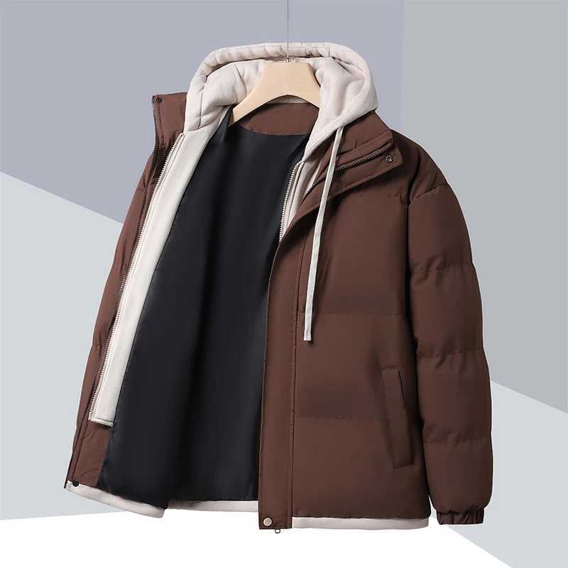 Patchwork Hooded Puffer Jacket Mens Thick Warm Winter Jacket Mens Cotton Pads Windproof Parkas Fake Two Piece Jacket X241017