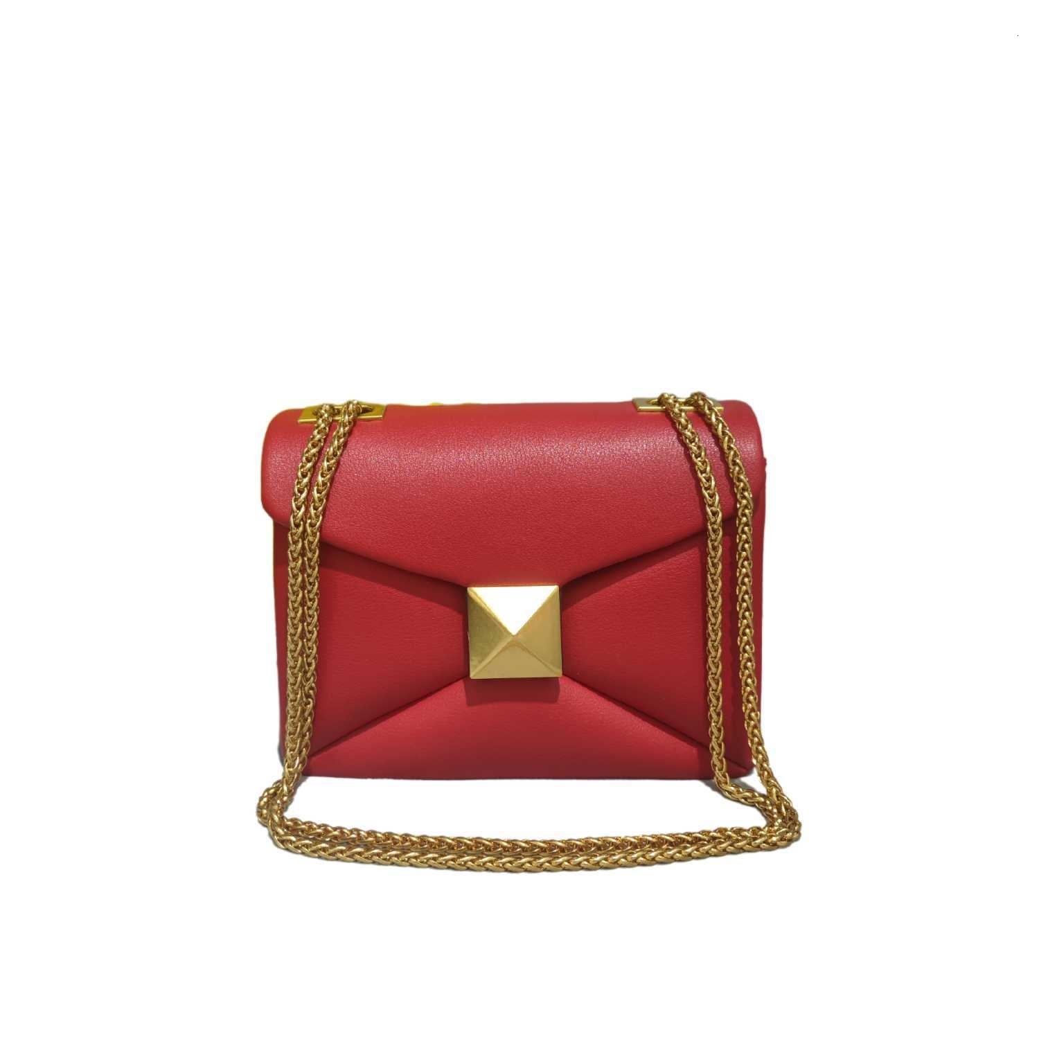 Cowhide Designer Leather Handbag Golden Big Rivet Chain Shoulder Small Purse Fashion Green Tote Bag Crossbody Women