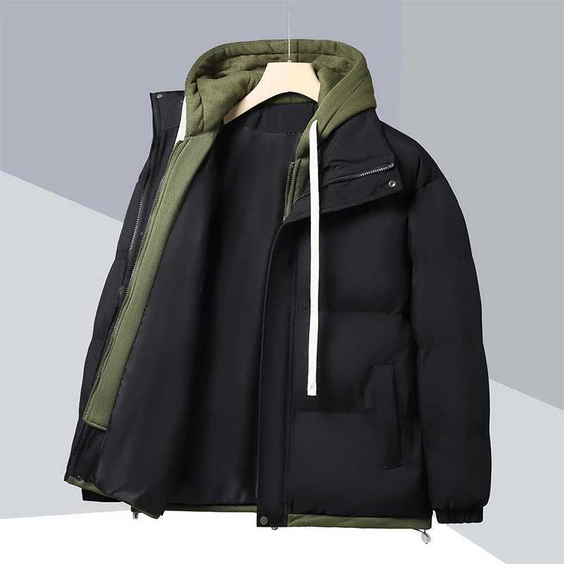 Patchwork Hooded Puffer Jacket Mens Thick Warm Winter Jacket Mens Cotton Pads Windproof Parkas Fake Two Piece Jacket X241017