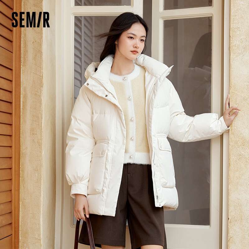 Semir Down Jacket Women Mid-Length Loose Raglan Sleeve Simple Warm Winter Three-Defense Hooded Coat