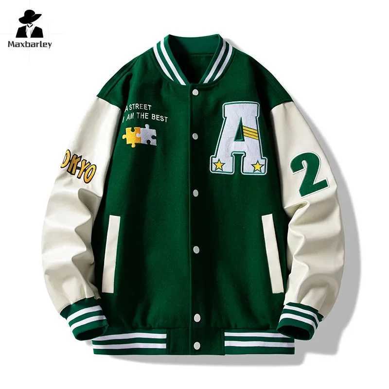 Autumn baseball jacket mens/womens street college letter splicing work leather windproof jacket mens fashionable single chest jacket M241017