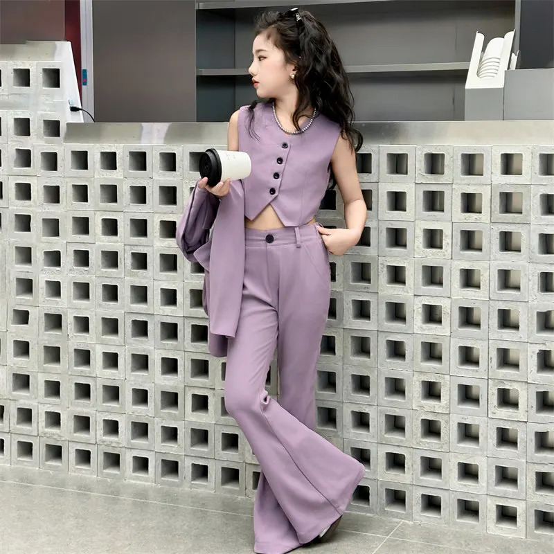 Teenage Girls Suits Blazer 3Pcs VestJacketsFlare Pants Solid Color Spring Fall Formal Occasion Childrens Clothes sets outfits 241016