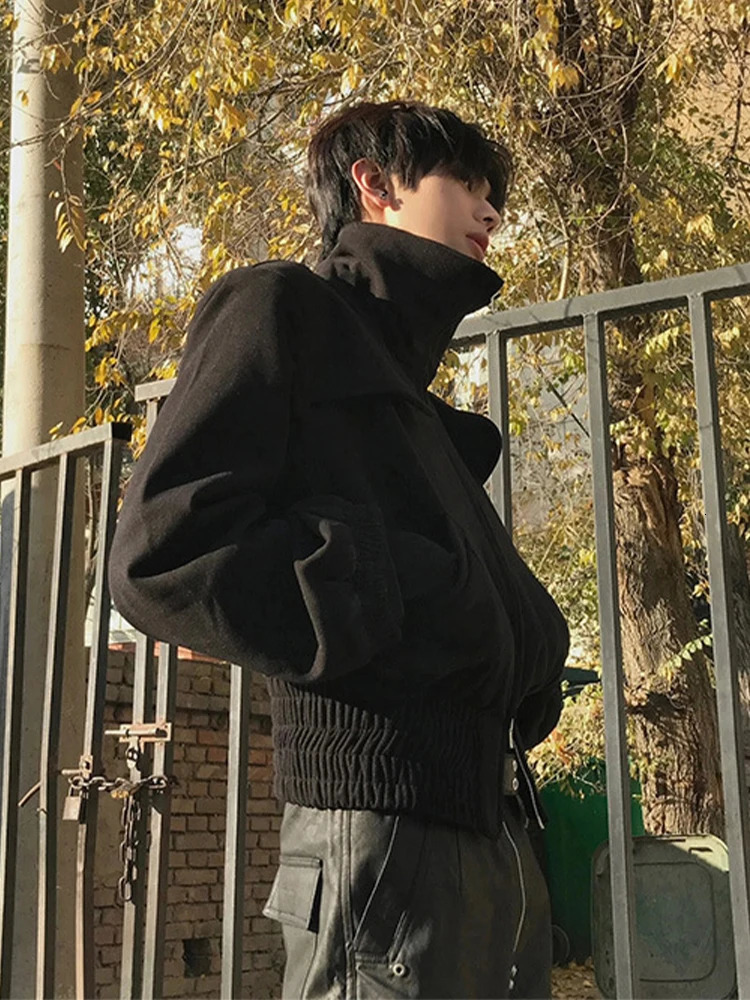 HOUZHOU Techwear Bomber Jacket for Men Cleanfit Cropped Baseball Coats Male Zipper Shoulder Pad Turtleneck Streetwear 241017