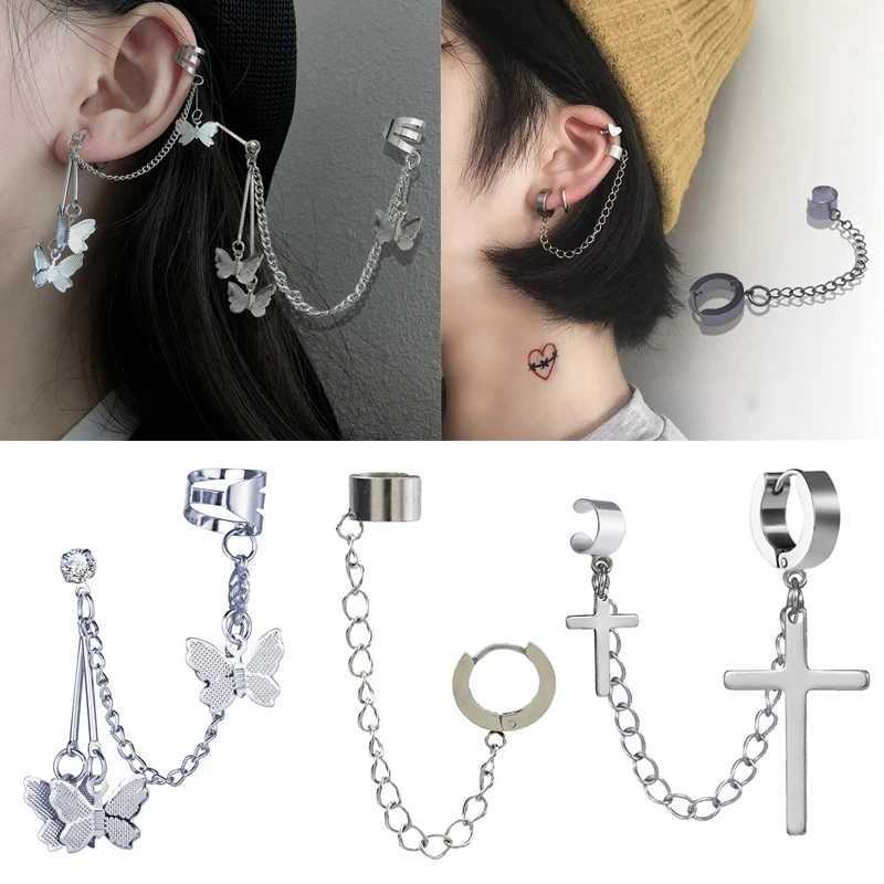 Punk one-piece clip earrings butterfly cross pendant tassel chain clip earrings womens earrings cuff pendant earrings jewelry gifts W241017