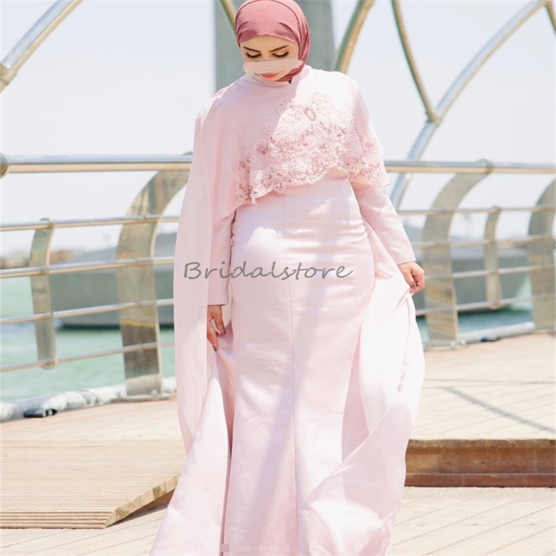 Islamic Muslim Pink Evening Dress With Cape Clock O Neck Appliques Lace Long Sleeve Abaya Arabic Prom Dress Formal Reception Robe De Mariage Vestio De