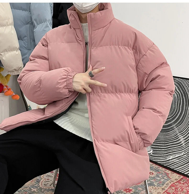 Winter Puffer Jacket Men Parkas Thick Warm Harajuku Coat Mens Stand Collar Solid Color Casual Parka Women Fashion Streetwear 241017