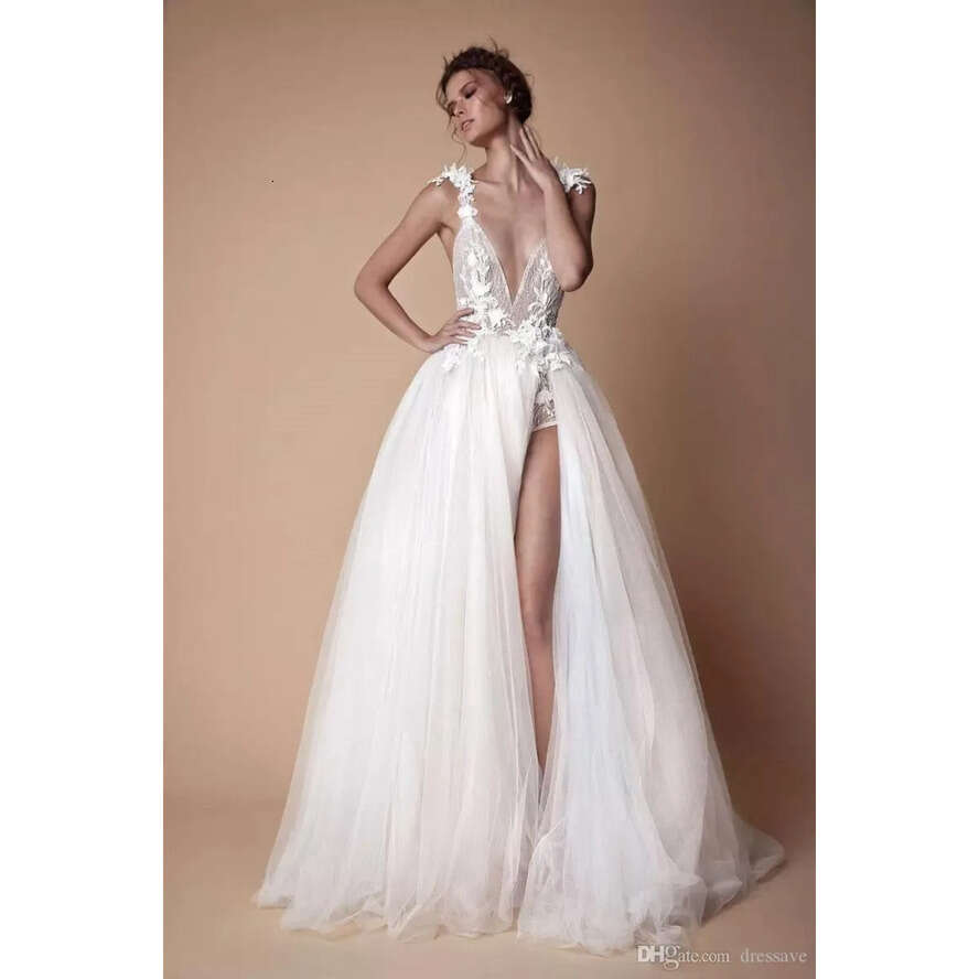 Wedding Lace 2010 Bohemian Dresses 3D Appliqued A-E Deep V-Neck Beach Bridal Gowns Sweep Train Tulle Split Side Sexy