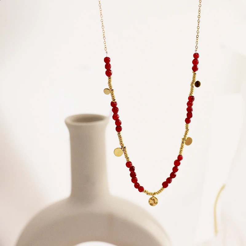 ANEH Retro Multi layer Red Natural Stone Bead Chain Stainless Steel Disc Charm Necklace 241017