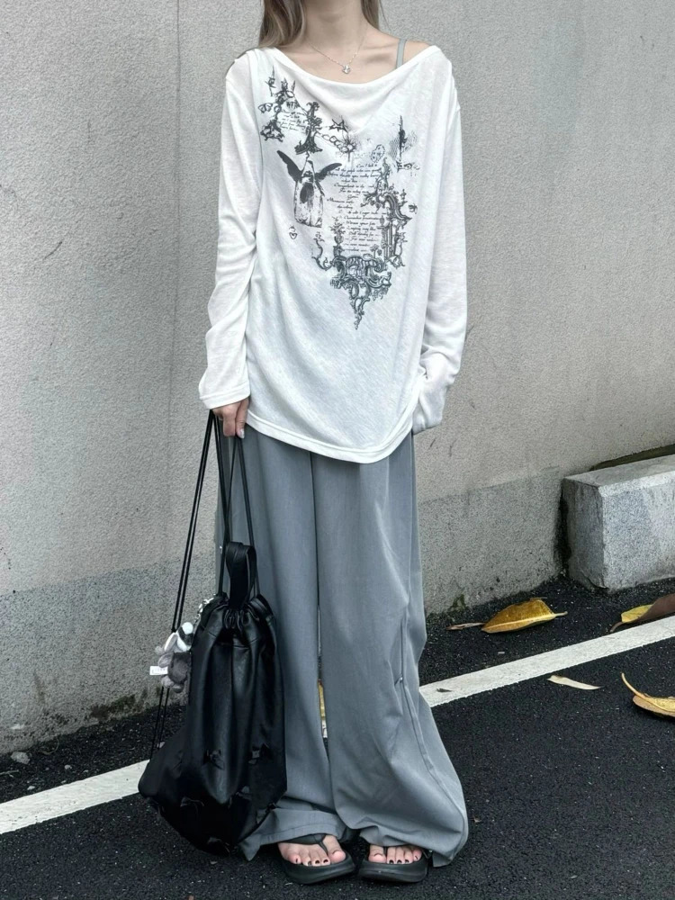 QWEEK Gothic graphic Harajuku T-shirt for women Grunge Y2k streetwear loose long sleeved top 2024 fashion Korean K-pop 2000 241017