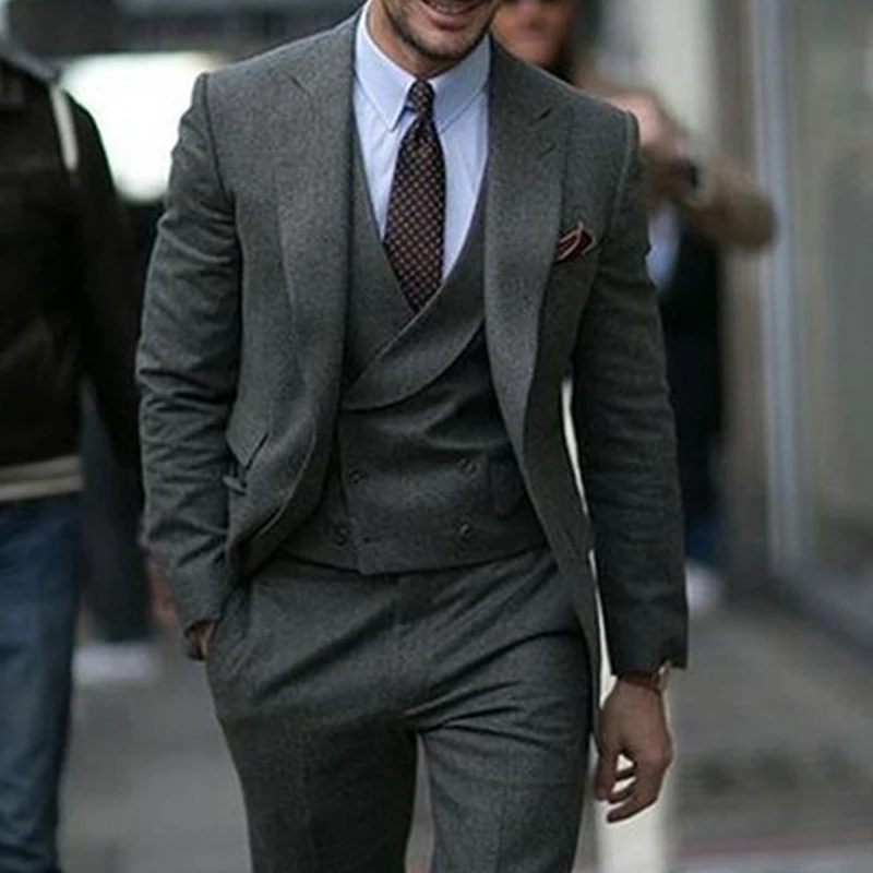Gray Tweed Wool Men Suits for Winter Peaked Lapel 3 Piece Custom Wedding Groom Tuxedos Set Jacket Vest with Pants 2024 Fashion