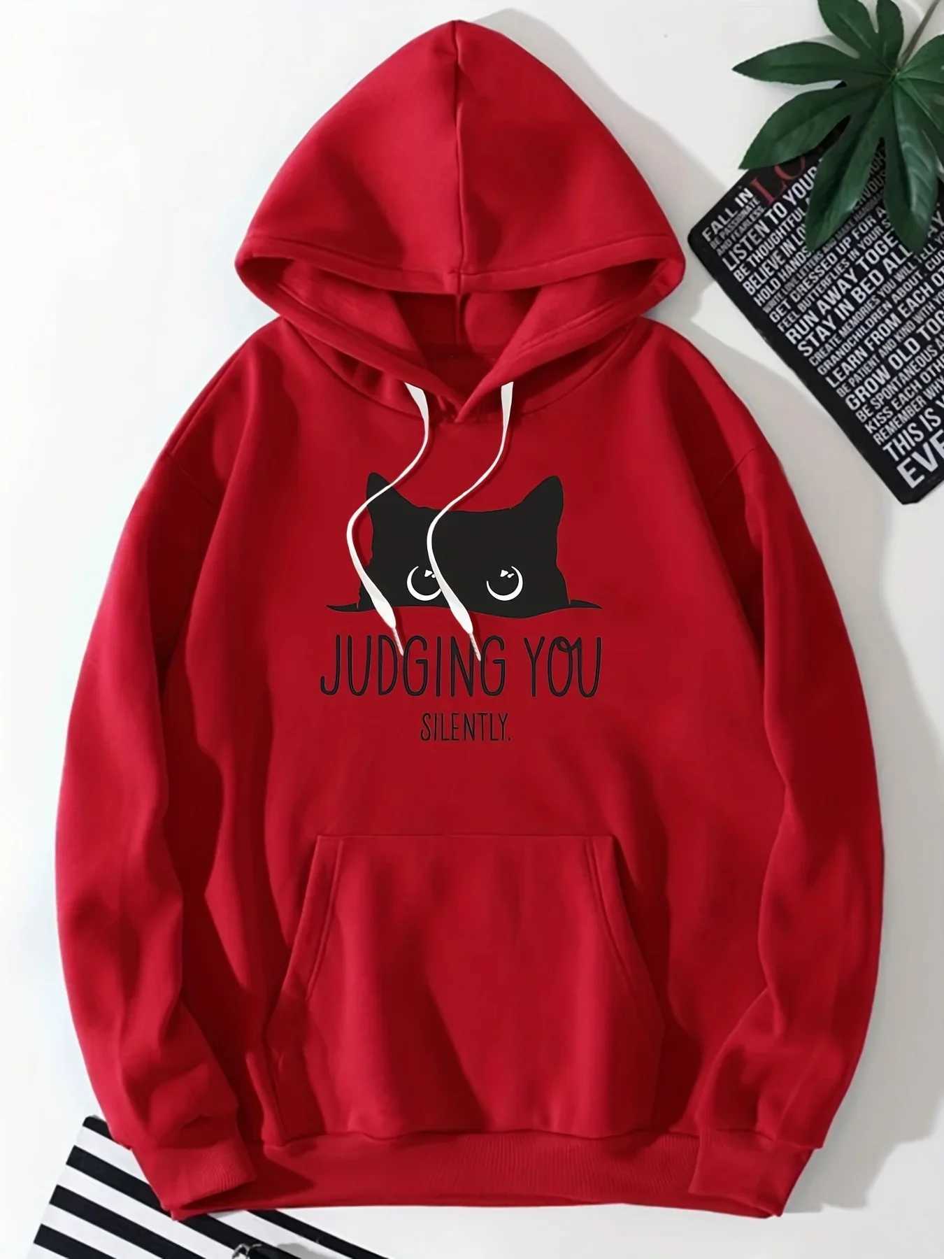 Cozy Mens Black Cat Fleece Hoodie | Machine Washable Casual Pullover with Kangaroo Pocket | Warmth and Style for Fall/WinterX241016