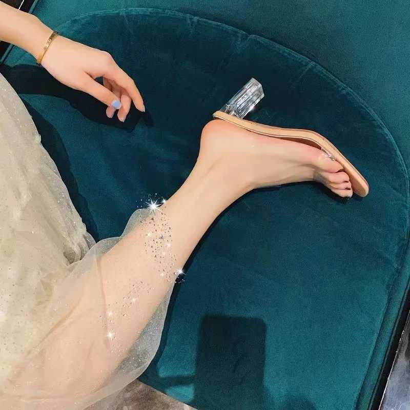 Summer high heels womens shoes fashion transparent high heels sexy hollow breathable slider square toe womens shoes transparent shoe slider Y241017