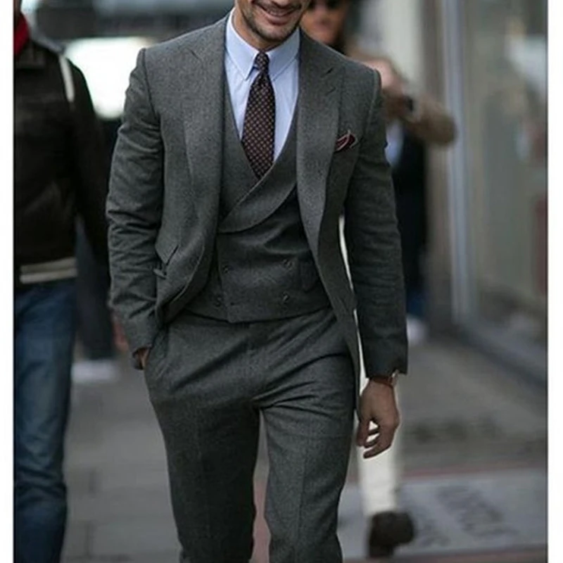 Gray Tweed Wool Men Suits for Winter Peaked Lapel 3 Piece Custom Wedding Groom Tuxedos Set Jacket Vest with Pants 2024 Fashion