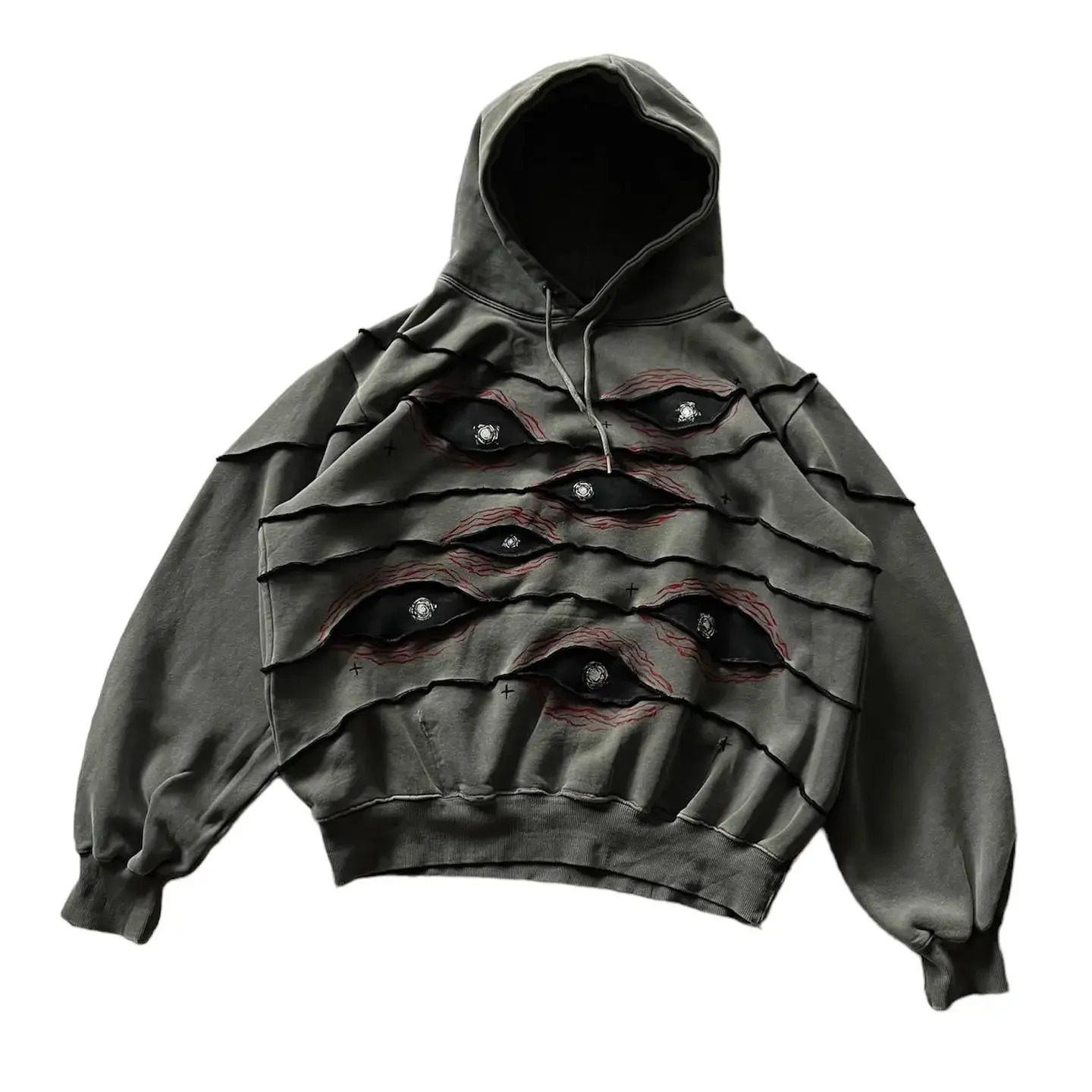 Street clothing hoodie Y2K hiphop retro tear eye patch work oversized sportswear mens rock latte 241010