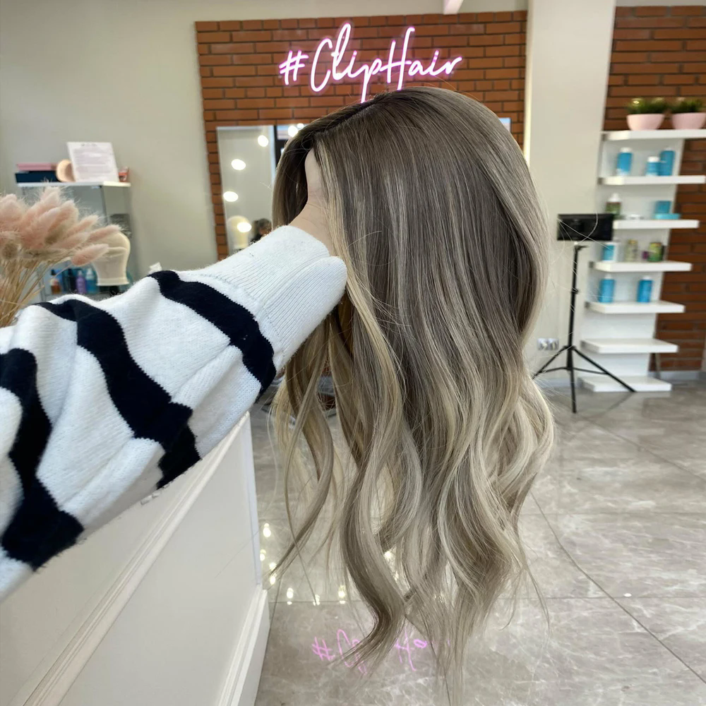 Ash Blonde Highlight ombre dark roots full Lace Wigs 100% Human Hair Cuticle Aligned Super Wave Preplucked Short Lace Front Wigs