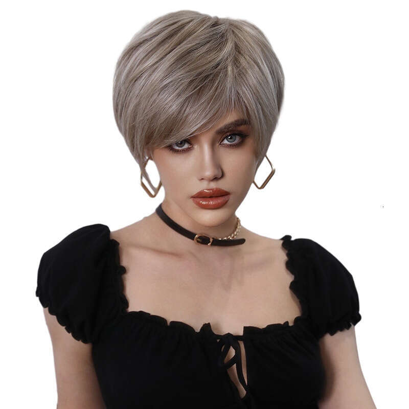 Female Straight With Slanted Bangs, Champagne Gold Elf Short Hair Wig, Synthetic Full Head Cover, Short Wigs