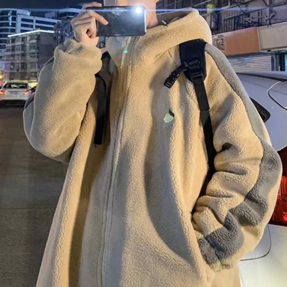 Loose Fit Men Jacket Hooded Men Jacket Winter Warm Mens Hooded Jacket with Faux Sherpa Drawstring Hem Contrast for StudentsXJ241017