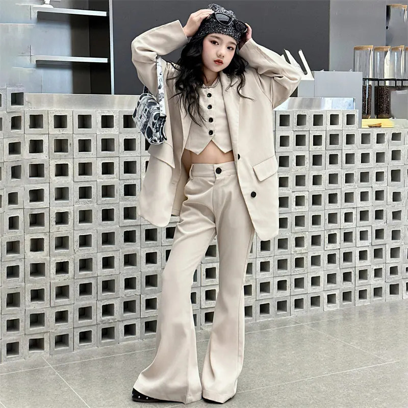 Teenage Girls Suits Blazer 3Pcs VestJacketsFlare Pants Solid Color Spring Fall Formal Occasion Childrens Clothes sets outfits 241016